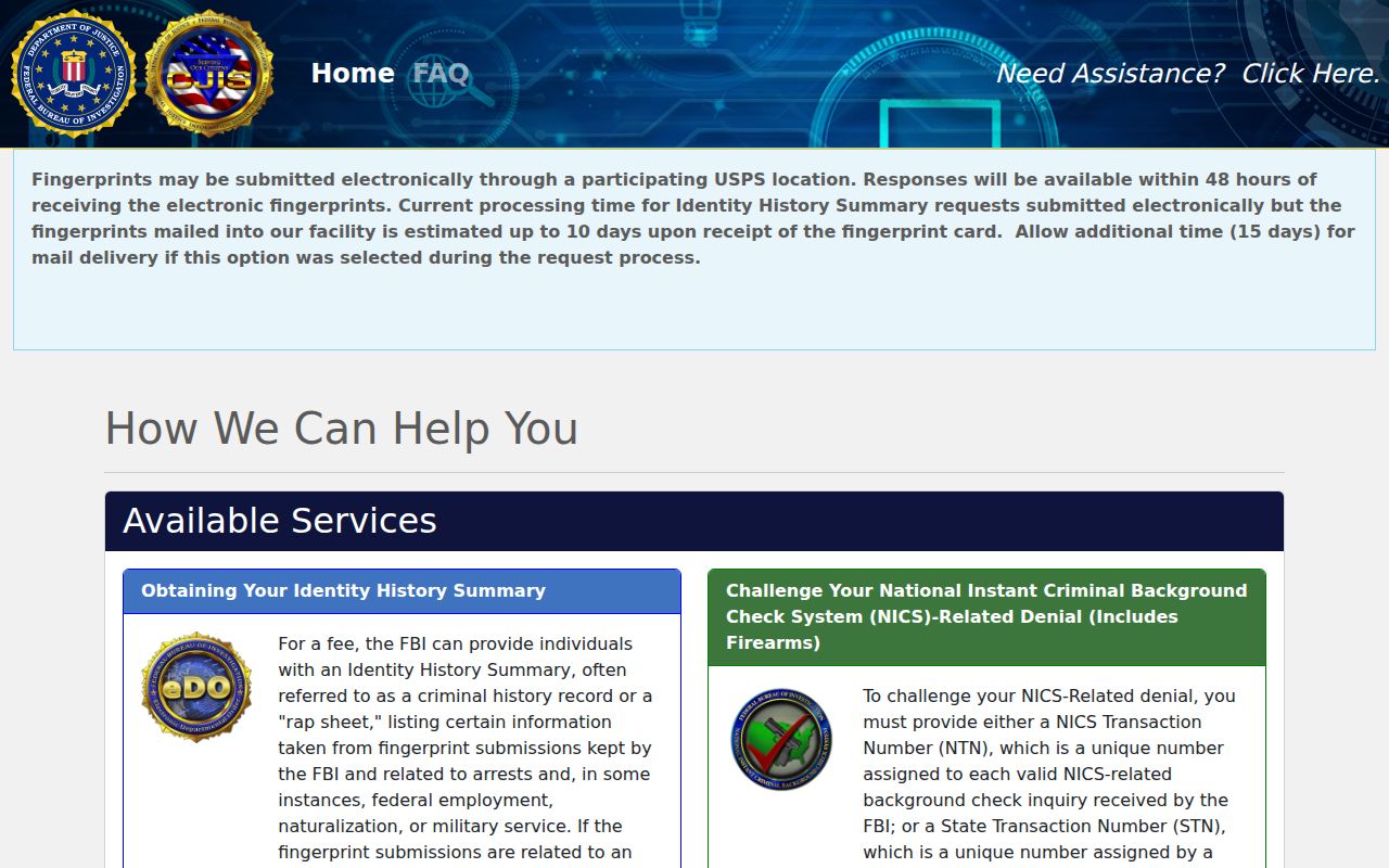 Harrisville criminal records FBI electronic self-check page