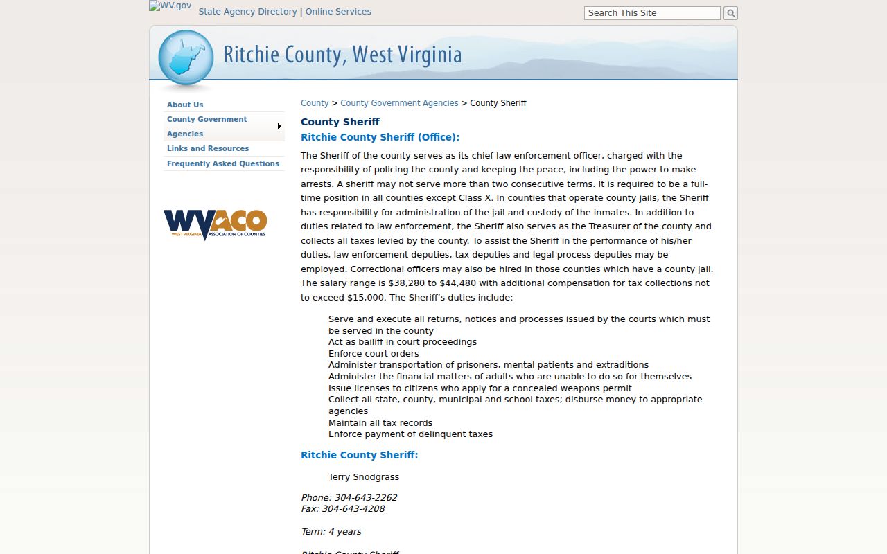 Ritchie County Sheriff arrest records contact page