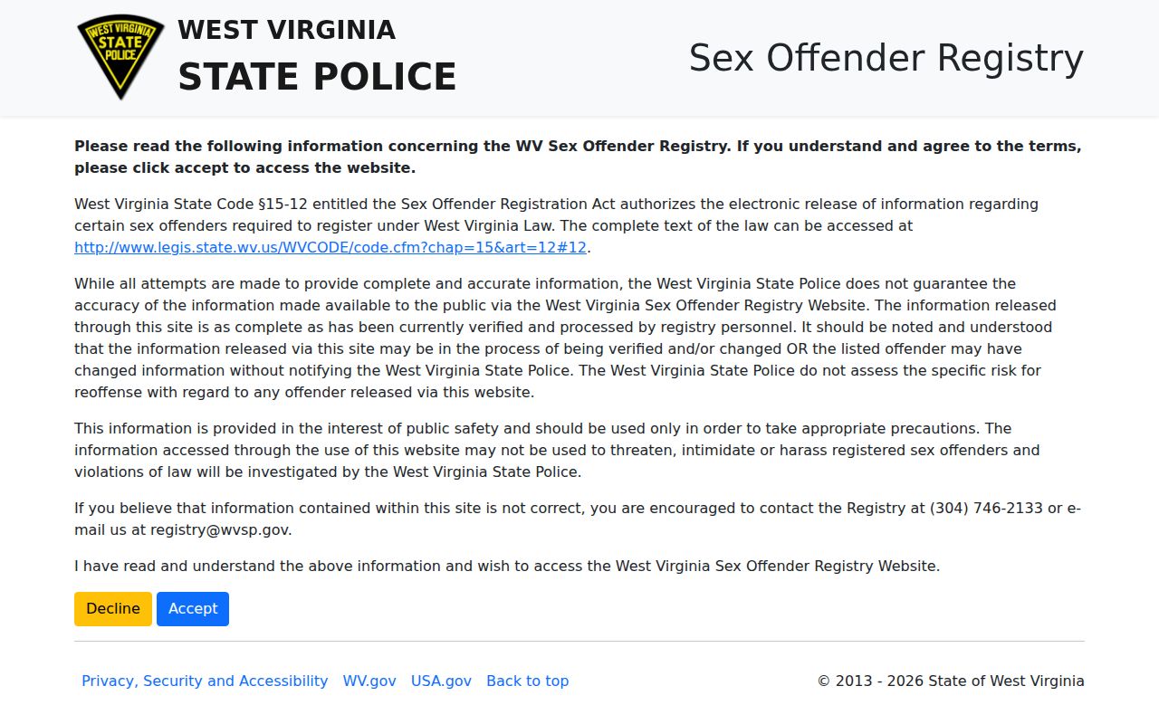 Ritchie County sex offender search on the West Virginia registry